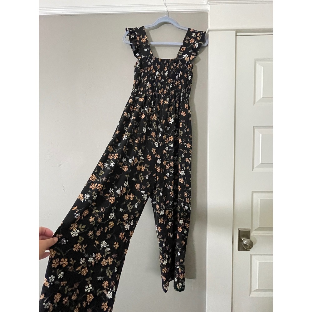 Inspired Hearts Womens Floral Smocked Ruffle Wide Leg Jumpsuit Black Orange M - Picture 12 of 12
